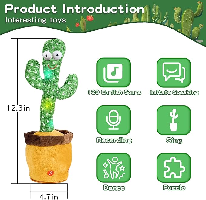 Dancing Talking Cactus Baby Toys, Easter Gifts/Easter Basket Stuffers for Kids, Singing Mimicking Recording Toys Repeats What You Say, Comes with English Songs Talking Musical Toy (Non-Rechargeable)