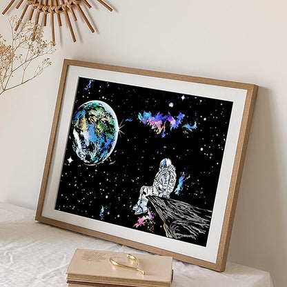 3 Pack Scratch Art Paper Set (16"x11.2") Space Series Series Creative Rainbow Sketches Engraving Craft Kit for Kids & Adults - Cosmos, Astronauts, Starry Sky Painting - 5 Tools: Drawing Pens, Brush