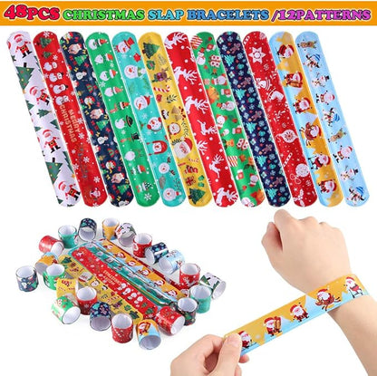 Lumiparty 60 PCS Christmas Kid's Slap Bracelets, Slap Bands,Snap Bracelets,Party Favors Pack with Snowflakes,Santa Claus,Snowman for Kids Valentines Gift Classroom Exchange with 4 Sheets Sticker.