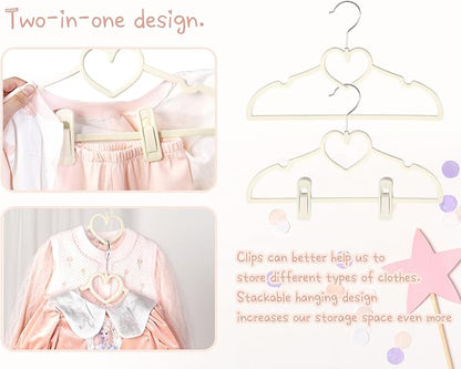 Beige Heart Velvet Baby Hangers - 50pack 13inch Toddler Hangers with 20pcs Clips,Ultra Slim and Stackable Space Saving