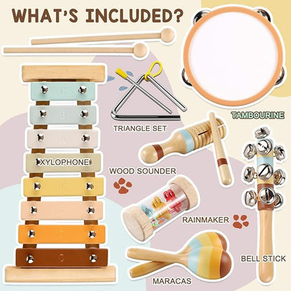 LOOIKOOS Baby Musical Instruments for Kids Montessori Music Toys for Toddlers 1-3,Neutral Colors Wooden Percussion Instruments Set with Modern Boho Xylophone for Kid Preschool Educational 3+