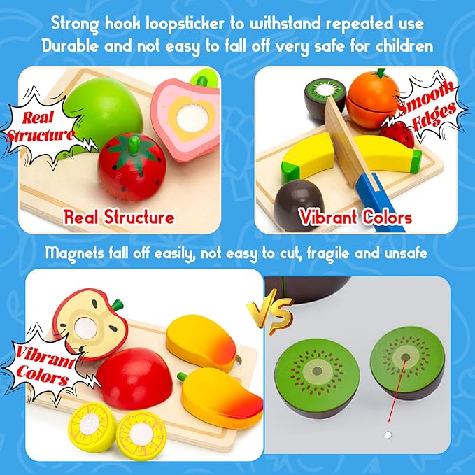Wooden Play Food Set for Toddlers Toys Pretend Play Kitchen Accessories Fruit Cutting Set for Kids Gift for Boys Girls Montessori Educational Toys