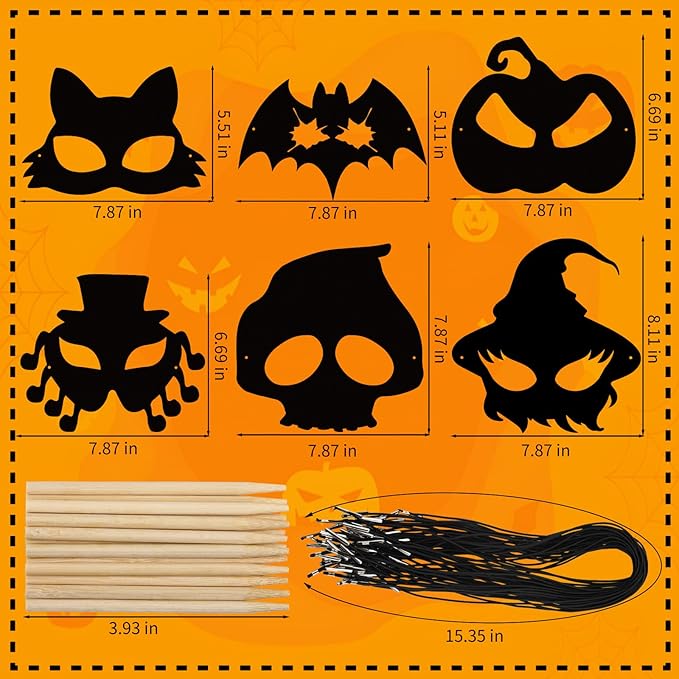 JMUQ Halloween Crafts Scratch Mask for Kids, 36Pcs Halloween Games Scratch Art Craft Kit Rainbow Scratch Paper for Halloween Party Favors Supplies Classroom Favors Halloween Activities
