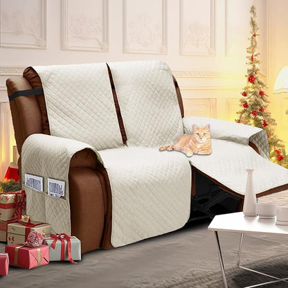 XINEAGE Water Resistant Recliner Cover, 2 seat Recliner Loveseat Covers with Pockets, Quilted Thick Recliner Protector Cover for Dog Pets with Non Slip Backing and Strap (Recliner Loveseat, Beige)