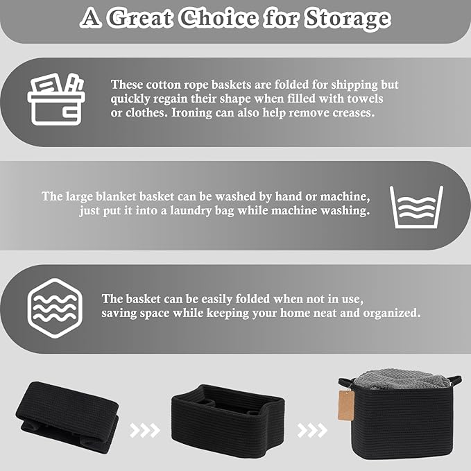 Goodpick Black Storage Basket for Shelves, Woven Baskets for Storage, Toy Baskets Storage Kids, Towel Basket with Handles for Living Room, Bathroom, 13 x 10 x 9 Inches