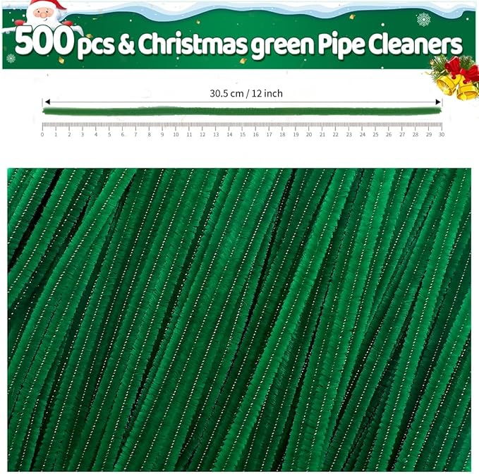 Iooleem 500pcs Christmas Green Pipe Cleaners, Chenille Stems, Pipe Cleaners for Crafts, Pipe Cleaner Crafts, Art and Craft Suppl.