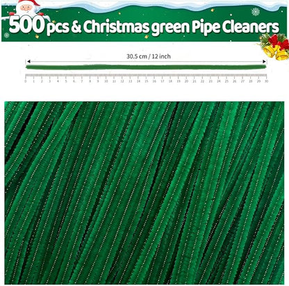 Iooleem 500pcs Christmas Green Pipe Cleaners, Chenille Stems, Pipe Cleaners for Crafts, Pipe Cleaner Crafts, Art and Craft Suppl.