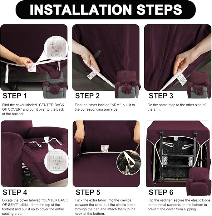 FestiCorp Recliner Chair Covers Real Velvet 4-Pieces Recliner Covers for Small Lazy Boy Recliner Chair Stretch Recliner Sofa Slipcovers Furniture Protector with Side Pocket & Elastic Bottom, Burgundy