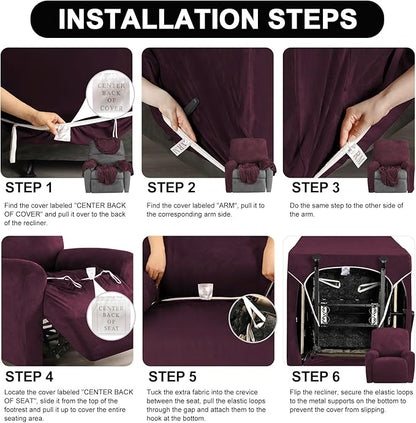 FestiCorp Recliner Chair Covers Real Velvet 4-Pieces Recliner Covers for Small Lazy Boy Recliner Chair Stretch Recliner Sofa Slipcovers Furniture Protector with Side Pocket & Elastic Bottom, Burgundy