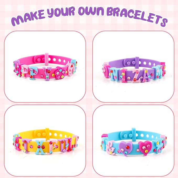 Kids Silicone Bracelets with Rhinestone Stickers - Adjustable Letter Rubber Bracelets Wristbands, Boys Girls Dress Up Jewelry Accessories Party Favors Decoration Birthday Gifts for Ages 6 7 8