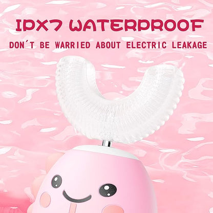 Kids U Shaped Electric Toothbrush with 4 Brush Heads, Sonic Toothbrush Kids with 5 Modes, Cartoon Dinosaur 360-Degree Cleaning IPX7 Waterproof Design (6-12 Age (Pink))