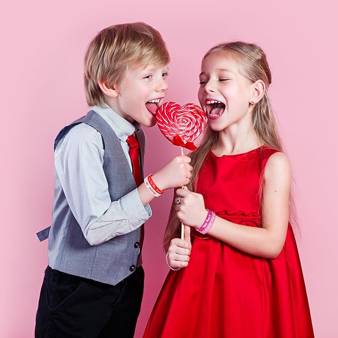 Morcheiong 42 Pieces Valentine's Day Party Favors Rubber Bracelets Pink Red Classic Silicone Wristbands for Kids Adults Valentine's Day Party Decorations