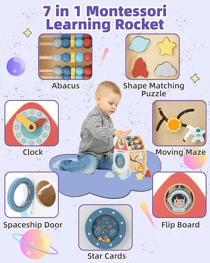 Baby Space Wooden Activity Cube Montessori Toys, 7-in-1 Early Educational Learning Sensory Toys with Bead Maze Shape Puzzle Abacus for 1 2 3 Year Old 12-18 Months Boys Girls First Birthday Gifts