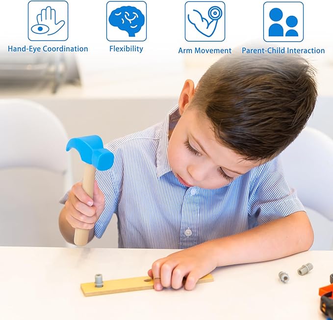 Fowecelt Wooden Hammer Toys Simulation Hammers Maintenance Tools Educational Toys for Kids Birthday Party Games Supplies (Blue)