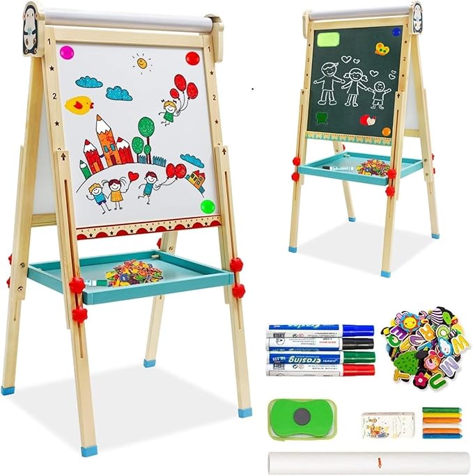 Children's Art Easel with Paper Roll,Double-Sided Whiteboard&Chalkboard,Adjustable Magnetic Standing Easel with Numbers and Other Accessories,Painting Easel for Girls Boys