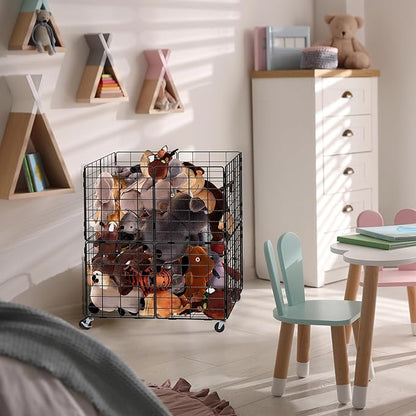 HEOMU Stuffed Animal Storage,Toy Bins for Kids Organizer,Toy Box Hold Up to 150 Plush Toysfor Nursery Play Room Bedroom Metal (Black)