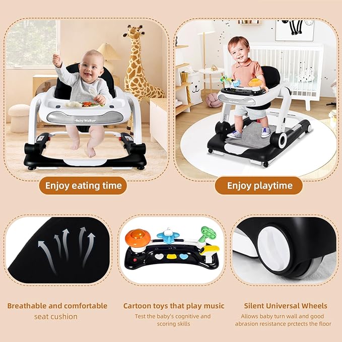 5-in-1 Baby Walker with Wheels, Baby Walkers for Boys Girls 6-18 Months, Foldable Adjustable Walker with Bouncer, Feeding Tray, Music & Detachable Footrest(Black)