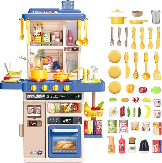 deAO Play Kitchen Set for Kids Boys 50PCS Play Kitchen Accessories with Sounds Light Steam Pretend Play Kitchen Toy Birthady Christams Gifts for Toddler Aged 2-12 Years