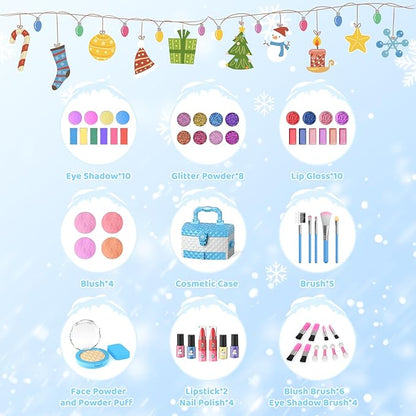 GirlsHome Kids Makeup Set for Girl 56 Pcs Washable Real Cosmetic, Non-Toxic Frozen Toys Toddler Makeup Kit, Frozen Princess Dress up Kit Christmas & Birthday Girl Gift for 3-12 (Frozen Blue)