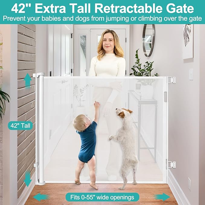 42 Inch Extra Tall Retractable Baby Gate 55" Wide Retractable Dog Gate Extra Tall Baby Gate for Dogs Indoor Extra Tall Dog Gate for Doorway Extra Tall Pet Gate Dog Gates for The House Retractable Gate