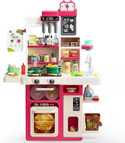 Letapapa Kids Play Kitchen Set, Kitchen Toys with Realistic Sound & Light, Cooking Stove, Sink, Play Food and Kitchen Accessories, Kitchen Playset Gifts for Toddlers Girls Boys(Red)