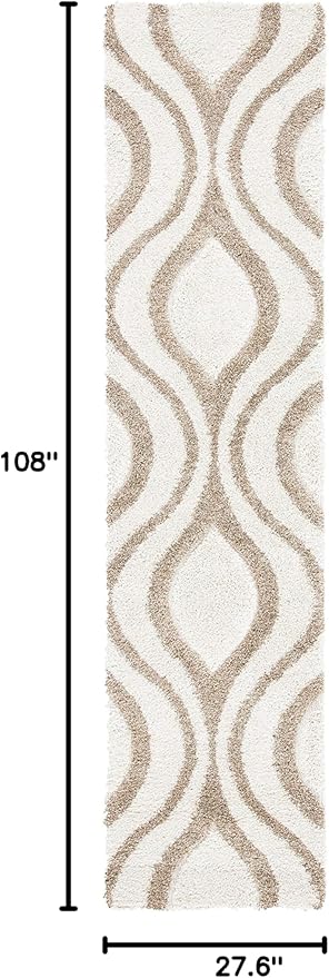 SAFAVIEH Florida Shag Collection Runner Rug - 2'3" x 9', Ivory & Beige, Modern Ogee Design, Non-Shedding & Easy Care, 1.2-inch Thick Ideal for High Traffic Areas in Living Room, Bedroom (SG461-1213)
