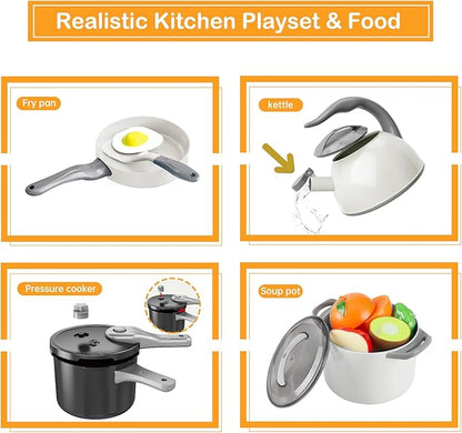 105Pcs Kids Kitchen Toy Accessories, Toddler Pretend BBQ Camping Cooking Playset, Play Pots, Pans, Utensils Cookware Toys, Play Food Set, Vegetables, Learning Gift for Girls Boys