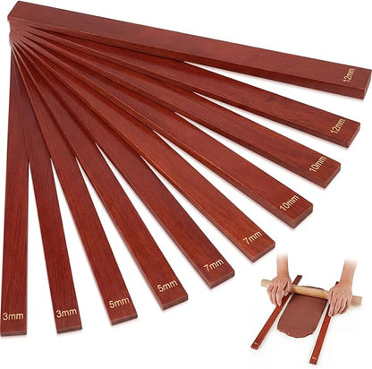 Sasylvia 10 Pcs Pottery Rolling Pin Guides Wood Teaching Rolling Mud Stick Guide Set Polymer Clay Depth Guide Pottery Tools Clay Mudboard Tools (5 Size,Reddish Brown)
