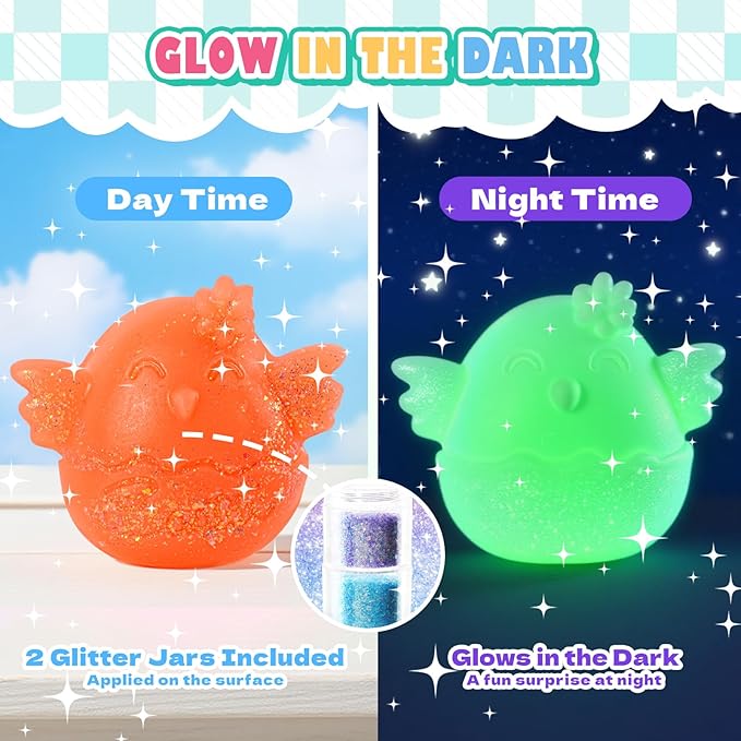 Crelloci Glow in the Dark Squishy DIY Kit for Kids 6+, Easter Animal Squishy Making Craft Set with Silicone Mold, Glow Powder, Glitter & Charms, Sensory Fidget Toy, Easter Basket Stuffer Gift