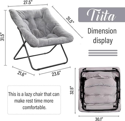 Tiita Comfy Saucer Chair, Soft Faux Fur Oversized Folding Accent Chair, Lounge Lazy Chair for Kids Teens Adults, Metal Frame Moon Chair for Bedroom, Living Room, Dorm Rooms, X-Large, Grey