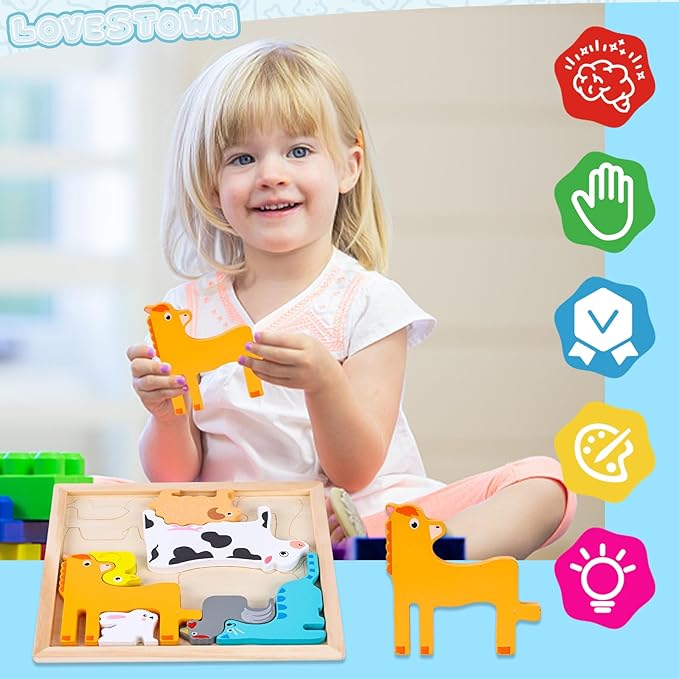 LovesTown 12PCS Wooden Stacking Puzzles, Farm Animal Chunky Jigsaw Puzzles Educational Toy for Gift