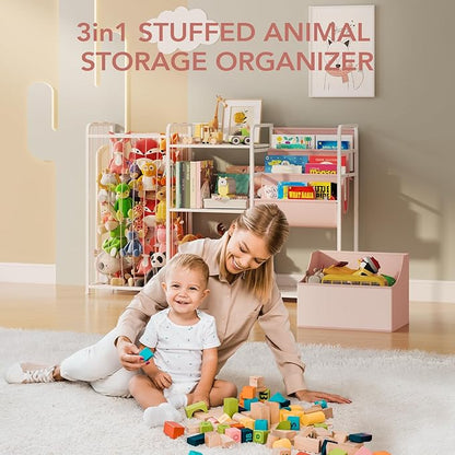 BBLIKE 3in1 Stuffed Animal Storage Organizer - Toy Storage with Kids Bookshelf & Large Plushies Holder for Kids Room - Multi-Functional Furniture for Nursery, Bedroom, and Playroom, Pink