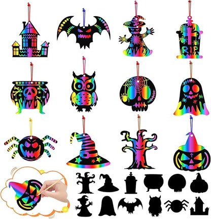 PARTYWIND Magic Halloween Crafts for Kids Activities, 60 PCS Scratch Paper Art for Halloween Hanging Decorations Ornaments, Scratch Off Cards with Pumpkin/Zombie/Bat, DIY Party Supplies Favors