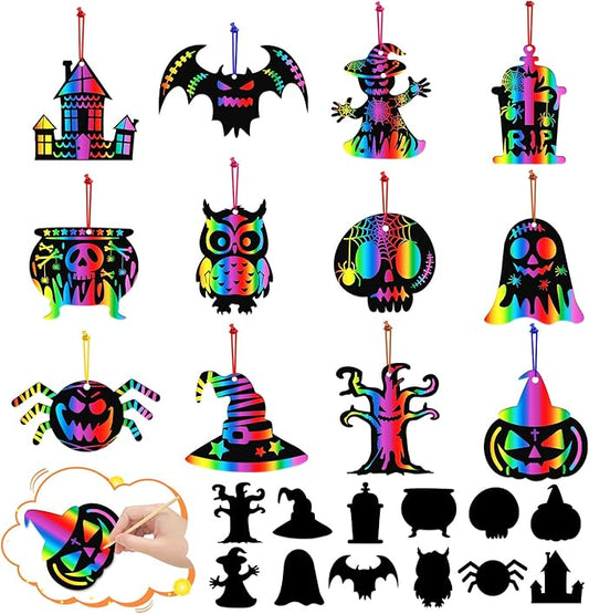 PARTYWIND Magic Halloween Crafts for Kids Activities, 60 PCS Scratch Paper Art for Halloween Hanging Decorations Ornaments, Scratch Off Cards with Pumpkin/Zombie/Bat, DIY Party Supplies Favors