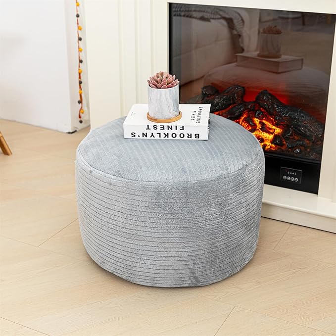 Pouf Ottoman Stuffed 20x20x12 Inches Floor Pouf Plush Fiber Ottoman Foot Rest Under Desk Foot Stool for Living Room Bedroom (Gray Stripe Pouf with Filler)