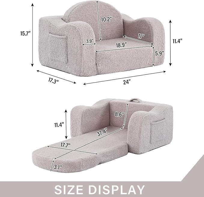 Tiita Kids Sofa, 2-in-1 Kids Sofa Chair, Convertible Chirldren Couch to Lounger, Flip Out Kids Sofa Chair, Toddler Armrest Chair Bed, Folding Kids Play Sofa for Girl or Boy, Grey