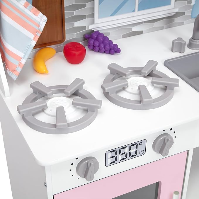 Delta Children Tiny Chef Play Kitchen - Toy Kitchen Playset with Realistic Knobs That Turn/Click, Oven, Sink, Microwave and 15 Pieces of Play Food, Pink