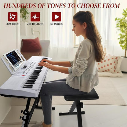 Ktaxon 61 Key Keyboard Piano Electric Keyboard w/Lighted Keys, Electric Piano Set with Headphones, Microphone, Music Rest, Power Adapter, Stand, Piano Bench and Manual (Full-White)