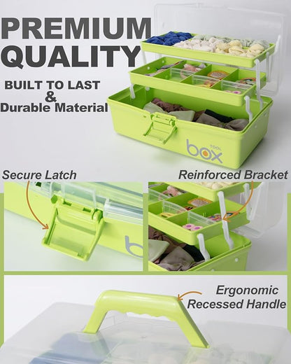 TERGOO 12in 3-Layer Plastic Craft Organizers and Storage, Portable Folding Tackle Box with Handle & Adjustable Dividers, Multipurpose Case for Sewing, Art Supplies, Medicine, Tools (Green)