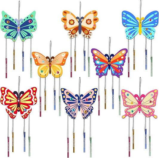 Fennoral 8 Pack Butterfly Wind Chime Kits for Kids Make Your Own Butterfly Wind Chimes Wooden Arts and Crafts Ornaments DIY to Paint Butterfly Craft for Fall Art Activity Birthday Decoration