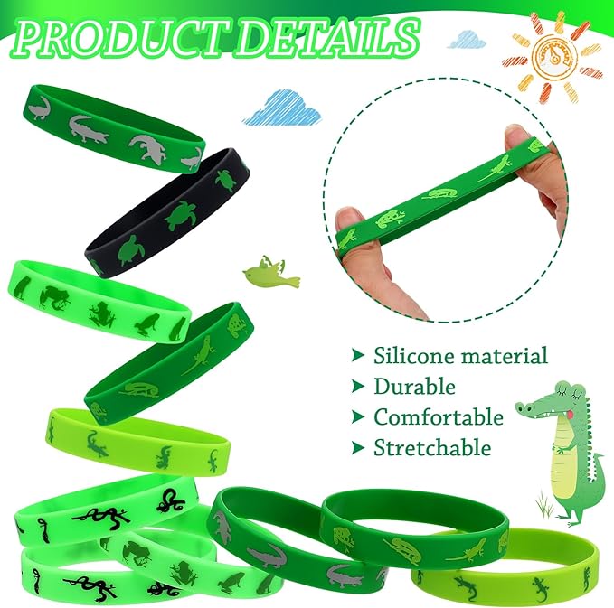 30 Pack Reptile Party Supplies Crocodile Silicone Wristbands Reptile Party Favors Crocodile Party Favors Bracelet Gifts Bag Stuffer for Reptile Crocodile Themed Birthday Party Supplies (Reptile)