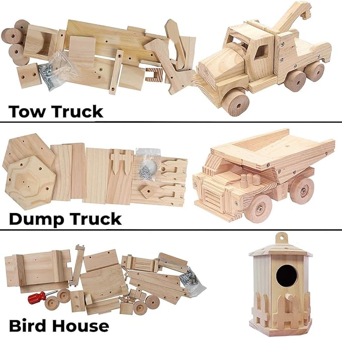 Kraftic Woodworking Building Kit for Kids and Adults, with 3 Educational DIY Carpentry Construction Wood Model Kit Toy Projects for Boys and Girls - Tow Truck, Birdhouse and Dump Truck