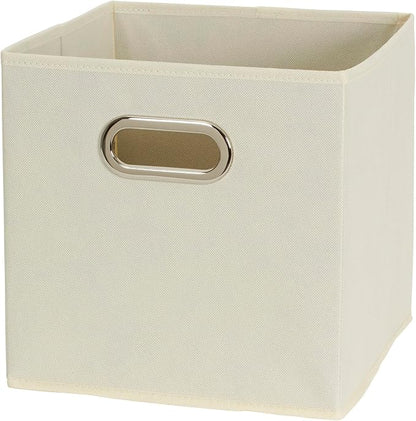 Fabric Storage Bins 6 Piece Set, Strong Poly-Woven Fabric, Sturdy Chipboard Sides, Grommet Front Handle, Stackable and Foldable, Classic Design, Cream
