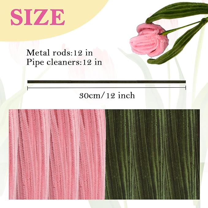 iCraftine 200 Pieces Pipe Cleaners Craft Supplies DIY Chenille Stems Tulip Bouquet Kit with Step-by-Step Video Tutorials for Wedding Gift, Holiday Decoration