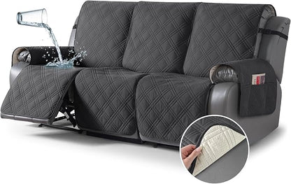 TAOCOCO 100% Waterproof Recliner Sofa Cover, Non Slip Split Couch Covers for Reclining Couches with Elastic Straps, Reclining Sofa Cover Furniture Protector for Kids Pets(3 Seater, Charcoal Gray)