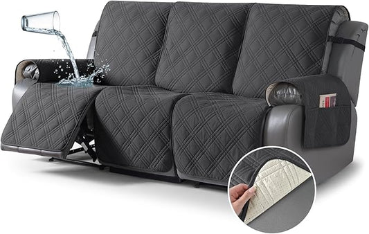 TAOCOCO 100% Waterproof Recliner Sofa Cover, Non Slip Split Couch Covers for Reclining Couches with Elastic Straps, Reclining Sofa Cover Furniture Protector for Kids Pets(3 Seater, Charcoal Gray)
