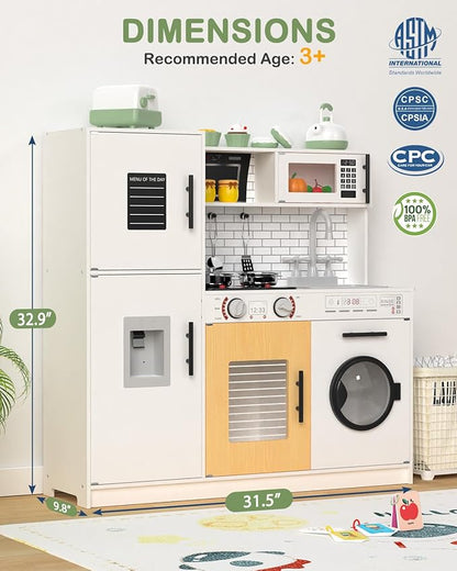 Babytronic Wooden Kitchen Playset for Kids, Interactive Play Kitchen with Lights & Sounds, Children Pretend Toy Kitchen Set with Faucet, Oven, Microwave, Kitchenware for Toddlers Ages 3+ (White)