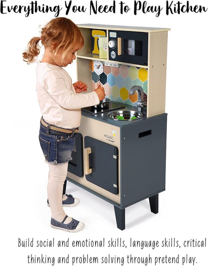 Janod - Mozaïc Big Cooker - Play Kitchen for Children - Children's Kitchen with Sound and Light - Wooden Kitchen with 3 Accessories + 3 Food Boxes - from 3 Years - J06609
