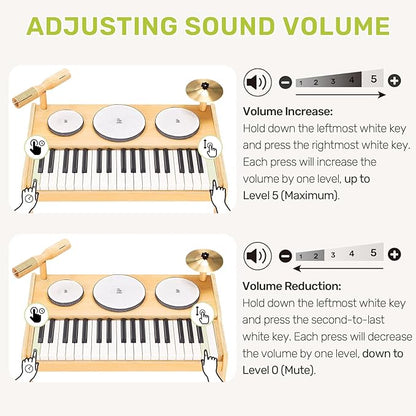 OATHX Kids Piano Keyboard, 37 Keys Digital Piano Toys with Drum Set and Stool, Volume Adjustable, 9 in 1 Musical Instruments for Kids Toddlers Baby Children, Wooden Mini Piano Gifts for Girls Boys 3+