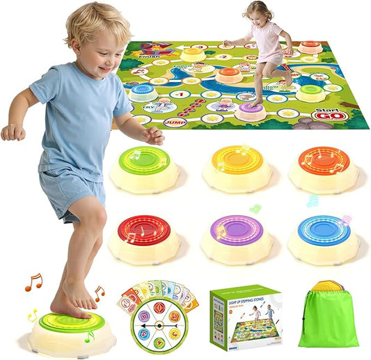 HYES Light Up Stepping Stones for Toddlers 1-3 - 6 PCS Non-Slip Step Stones with Game Map, Toddler Obstacle Course Sensory Toys, Indoor Outdoor 3-5 Years Old Boys Girls Birthday Gifts